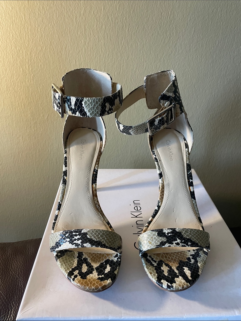 Calvin Klein Snake-Print Ankle Strap Heels - Black, Cream, Tan